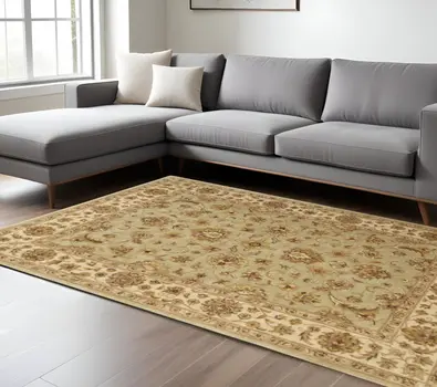8' X 10' Tan Brown And Green Oriental Hand Tufted Area Rug