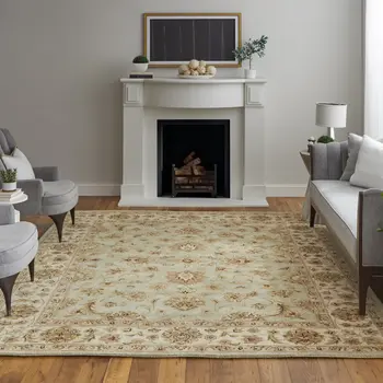 8' X 10' Tan Brown And Green Oriental Hand Tufted Area Rug