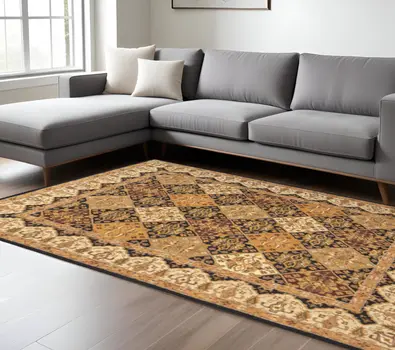 8' X 10' Gold Tan And Black Geometric Hand Tufted Area Rug