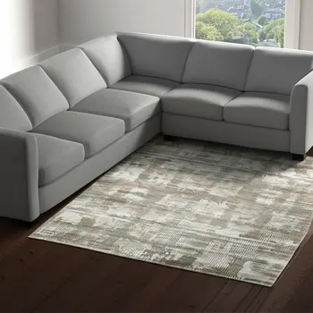 8' X 10' Ivory Gray And Green Abstract Distressed Area Rug