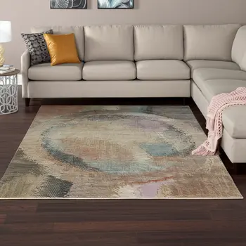 8' X 10' Brown Tan And Blue Abstract Distressed Area Rug