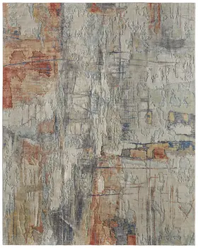 9' X 12' Gray Orange And Ivory Abstract Distressed Area Rug