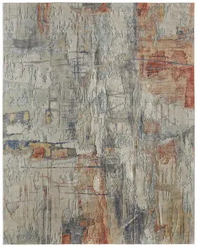 9' X 12' Gray Orange And Ivory Abstract Distressed Area Rug