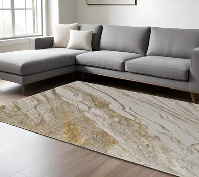 9' X 12' Ivory Taupe And Gold Abstract Area Rug