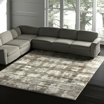 9' X 12' Ivory Gray And Green Abstract Distressed Area Rug