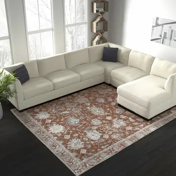 9' X 13' Red Ivory And Blue Floral Distressed Area Rug With Fringe