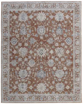 9' X 13' Red Ivory And Blue Floral Distressed Area Rug With Fringe