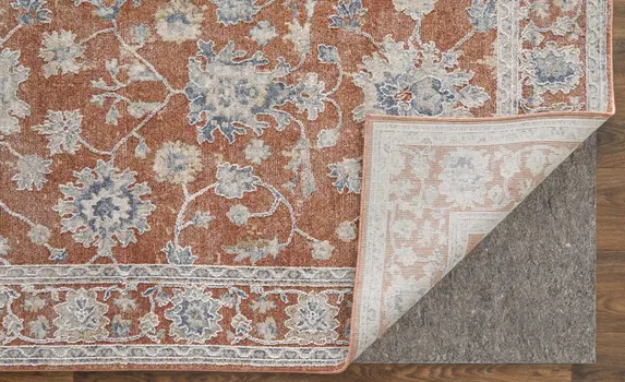 9' X 13' Red Ivory And Blue Floral Distressed Area Rug With Fringe