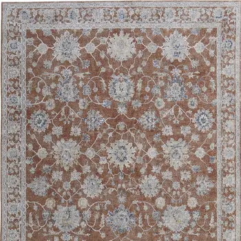 9' X 13' Red Ivory And Blue Floral Distressed Area Rug With Fringe