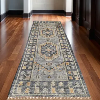 12' Blue And Gray Oriental Hand Knotted Runner Rug With Fringe