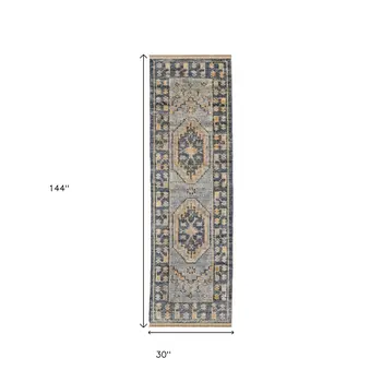 12' Blue And Gray Oriental Hand Knotted Runner Rug With Fringe