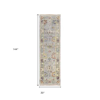 12' Blue Taupe And Gray Floral Hand Knotted Runner Rug With Fringe