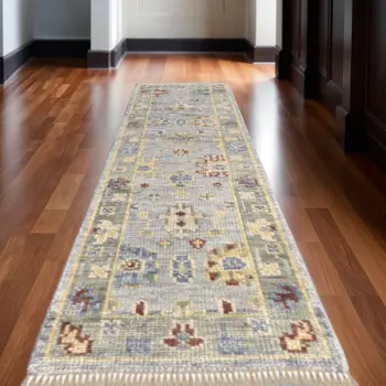 12' Blue Taupe And Gray Floral Hand Knotted Runner Rug With Fringe