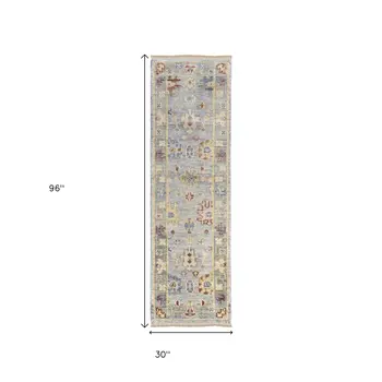 8' Blue Taupe And Gray Floral Hand Knotted Runner Rug With Fringe