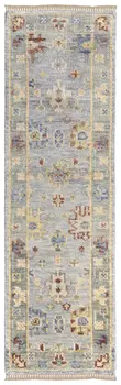 8' Blue Taupe And Gray Floral Hand Knotted Runner Rug With Fringe
