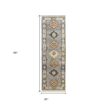 8' Blue Taupe And Gray Geometric Hand Knotted Runner Rug With Fringe