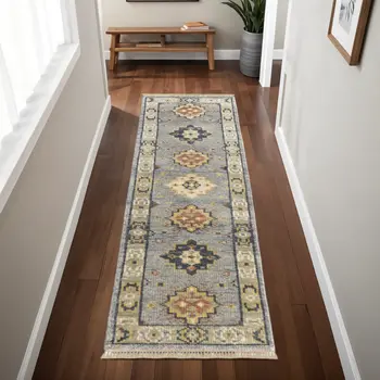 8' Blue Taupe And Gray Geometric Hand Knotted Runner Rug With Fringe