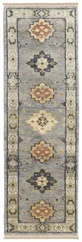8' Blue Taupe And Gray Geometric Hand Knotted Runner Rug With Fringe