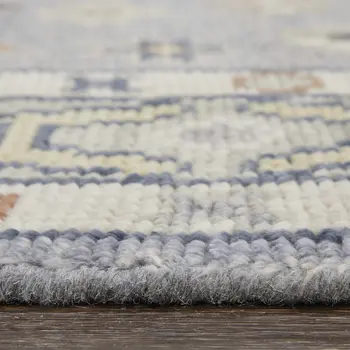 8' Blue Taupe And Gray Geometric Hand Knotted Runner Rug With Fringe