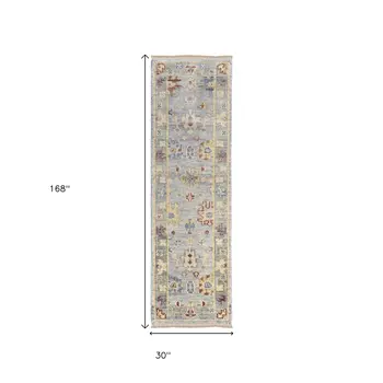 14' Blue Taupe And Gray Floral Hand Knotted Runner Rug With Fringe