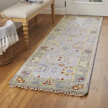 14' Blue Taupe And Gray Floral Hand Knotted Runner Rug With Fringe