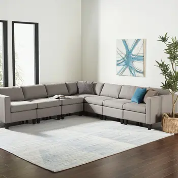 8' X 12' Blue Ivory And Silver Abstract Hand Knotted Distressed Area Rug