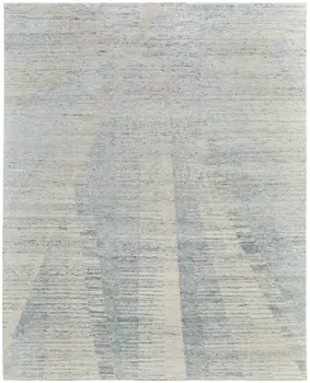 8' X 12' Blue Ivory And Silver Abstract Hand Knotted Distressed Area Rug