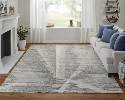 8' X 12' Ivory And Gray Abstract Hand Knotted Distressed Area Rug