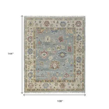 9' X 12' Blue Ivory And Yellow Floral Hand Knotted Area Rug With Fringe