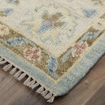 9' X 12' Blue Ivory And Yellow Floral Hand Knotted Area Rug With Fringe