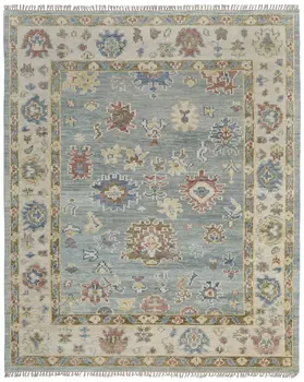 9' X 12' Blue Ivory And Yellow Floral Hand Knotted Area Rug With Fringe