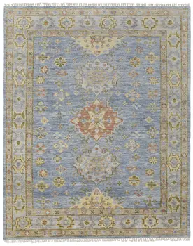 9' X 12' Blue Green And Yellow Geometric Hand Knotted Area Rug With Fringe