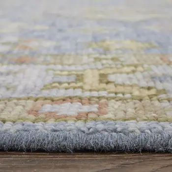 9' X 12' Blue Green And Yellow Geometric Hand Knotted Area Rug With Fringe