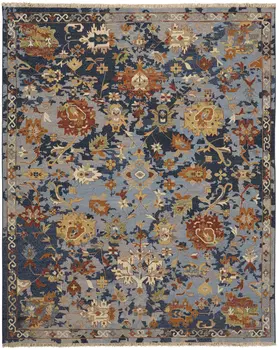 9' X 13' Blue Orange And Red Floral Hand Knotted Area Rug With Fringe