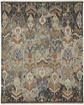 9' X 13' Taupe Tan And Orange Ikat Hand Knotted Area Rug With Fringe