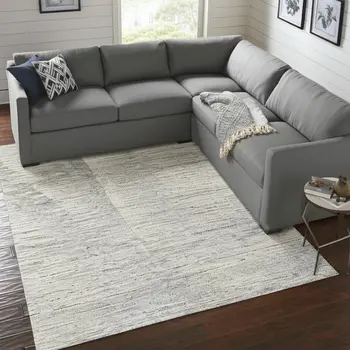 9' X 13' Ivory Taupe And Silver Abstract Hand Knotted Distressed Area Rug