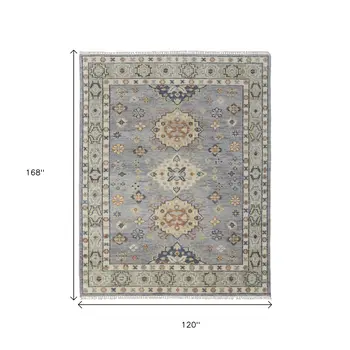 10' X 14' Blue Taupe And Gray Geometric Hand Knotted Area Rug With Fringe