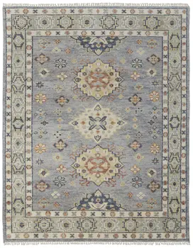 10' X 14' Blue Taupe And Gray Geometric Hand Knotted Area Rug With Fringe