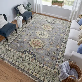 10' X 14' Blue Taupe And Gray Geometric Hand Knotted Area Rug With Fringe