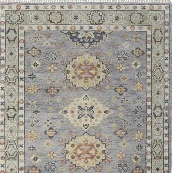 10' X 14' Blue Taupe And Gray Geometric Hand Knotted Area Rug With Fringe