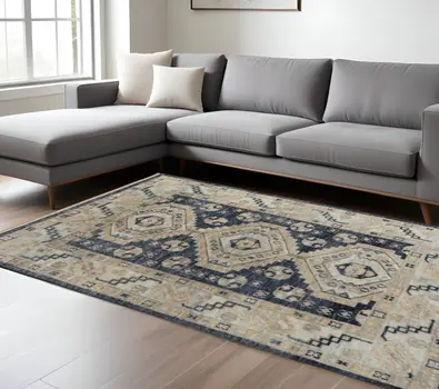 10' X 14' Blue And Ivory Geometric Hand Knotted Area Rug With Fringe
