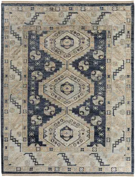 10' X 14' Blue And Ivory Geometric Hand Knotted Area Rug With Fringe