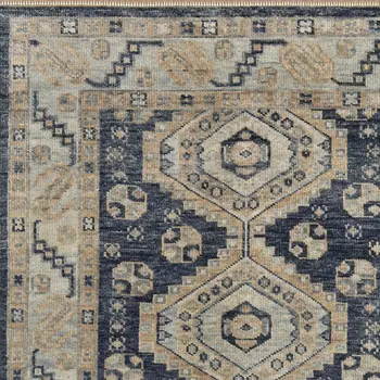 10' X 14' Blue And Ivory Geometric Hand Knotted Area Rug With Fringe