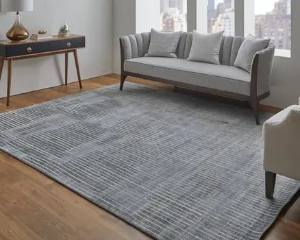 12' X 15' Blue Ivory And Gray Abstract Hand Woven Distressed Area Rug
