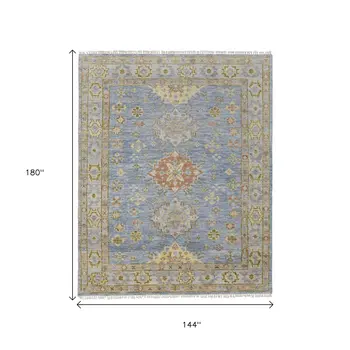 12' X 15' Blue Green And Yellow Geometric Hand Knotted Area Rug With Fringe