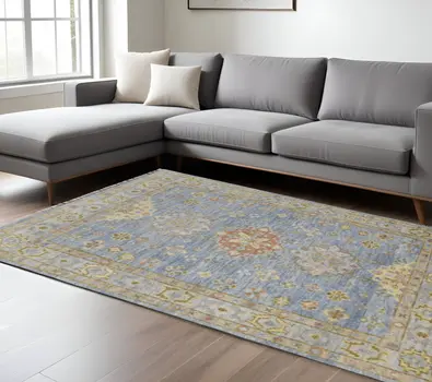 12' X 15' Blue Green And Yellow Geometric Hand Knotted Area Rug With Fringe
