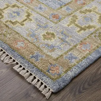 12' X 15' Blue Green And Yellow Geometric Hand Knotted Area Rug With Fringe