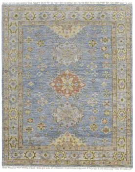12' X 15' Blue Green And Yellow Geometric Hand Knotted Area Rug With Fringe