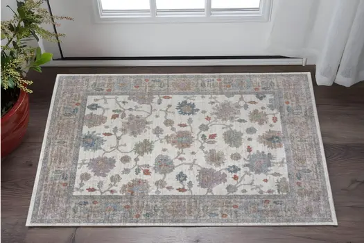 2' X 3' Ivory Brown And Blue Floral Distressed Area Rug