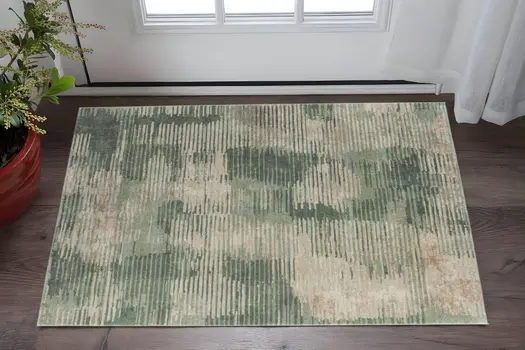 2' X 3' Green Ivory And Brown Abstract Distressed Area Rug